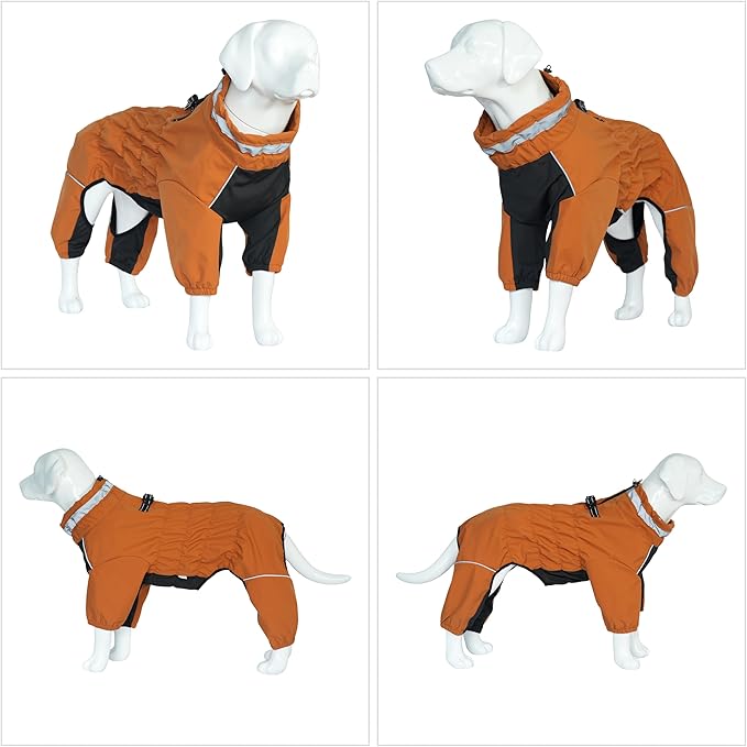 Winter Waterproof Dog Snowsuit – Full Body Outdoor Jacket with Leash Ring, Fleece Lining, Windproof Reflective 4-Leg Dog Coat for Small to Large Dogs Mustard Yellow 4XL