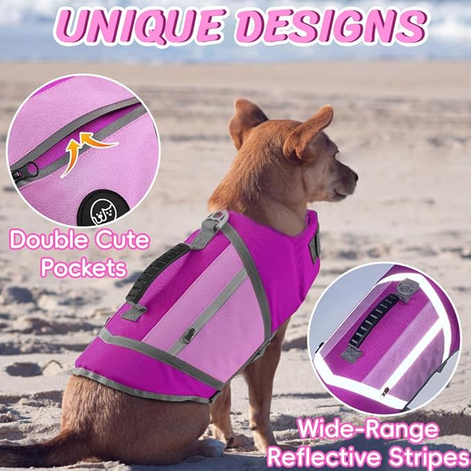 EMUST Dog Life Vests, Lightweight Dog Floating Vest with Durable Rescue Handle Quick-Release Buckles, Adjustable Pet Lifejacket with Pockets for Bulldogs, Dachshunds, Corgis, Purple, XXL
