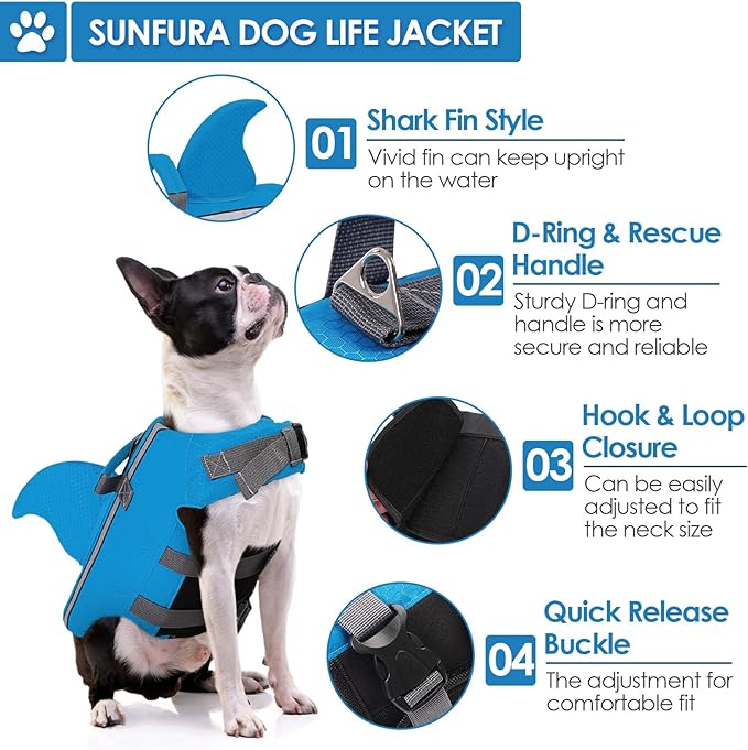 SUNFURA Dog Life Jacket Shark Life Vest for Dogs, Adjustable Swmming Vest with High Buoyancy, Safety Lifesaver with Rescue Handle for French Bulldog Small Medium Breeds, Light Blue M