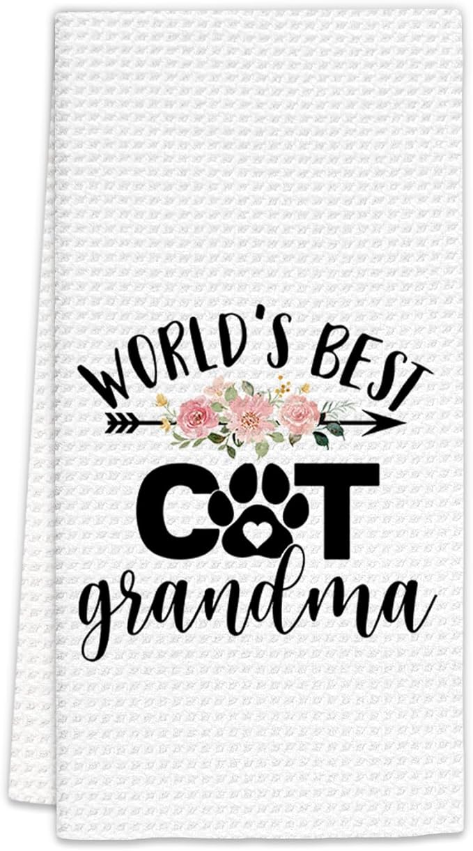Cat Grandma Gifts Kitchen Towels, Gifts for Cat Grandma Dish Towels, CatLovers Gift Grandma Decorative Hand Towels for Kitchen, World’s Best CatGrandma KitchenBathroom Decor(16x24 Inch)