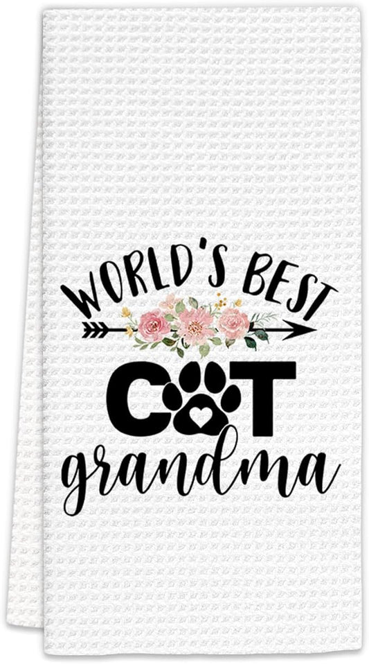Cat Grandma Gifts Kitchen Towels, Gifts for Cat Grandma Dish Towels, CatLovers Gift Grandma Decorative Hand Towels for Kitchen, World’s Best CatGrandma KitchenBathroom Decor(16x24 Inch)