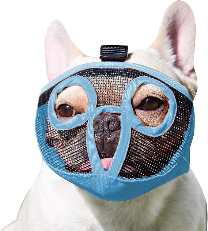 Short Snout Dog Muzzles- Adjustable Breathable Mesh Bulldog Muzzle for Biting Chewing Training Grooming Dog Mask,Blue L