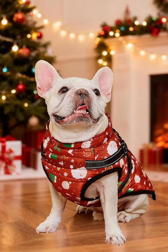 Aiboria Dog Jacket Windproof Fleece Dog Sweater with Padded Vest Chest Strap Harness Dogs Coat Christmas Red XL