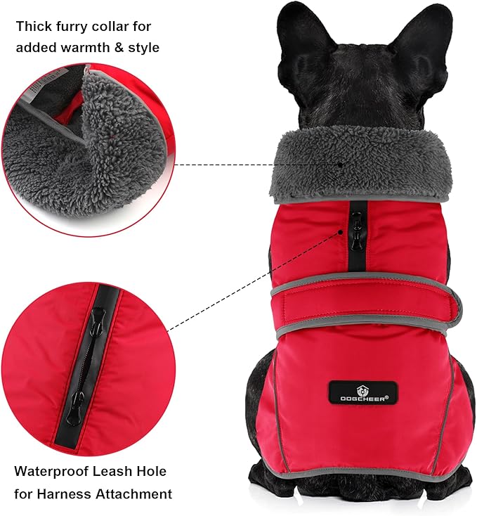 Dogcheer Dog Coat, Waterproof Dog Jacket Reflective Pet Winter Coat with Adjustable Hook & Loop, Christmas Puppy Fleece Jacket Warm Turtleneck Snowsuit for Small Medium Large Dogs - Red, XL