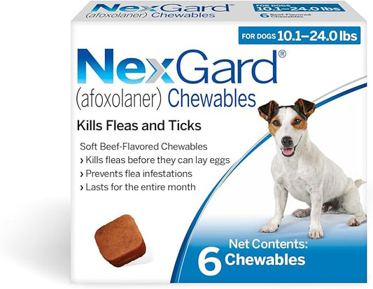 NexGard® (afoxolaner) Flea and Tick Protection for Dogs Oral Soft Beef Flavored Chewables,10.1 to 24 lbs. (Blue Box) 6 Chews (6 Month Supply)