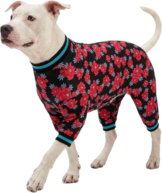 LovinPet Dog Pajamas Apparel for Medium Dogs - Large Dog Jammies, Floral Navy & Ruby Print, Pitbull Clothes, Lightweight Pullover Pet Pajamas, Pitbull Onesie, Large