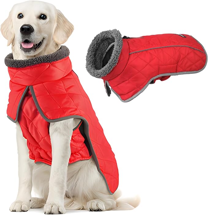 Fragralley Dog Coat Medium, Waterproof Dog Jacket with Warm Fleece Lining, Adjustable Reflective Dogs Winter Coat, Turtleneck Pet Coats for Cold Weather (Red M)