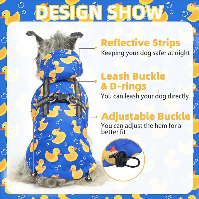PUPTECK Dog Raincoat with Hood & Harness Built-in, Waterproof Dog Rain Jacket Slicker Poncho Reflective Vest Clothes for Rainy Snowy Winter Cold Days, Blue Duck M