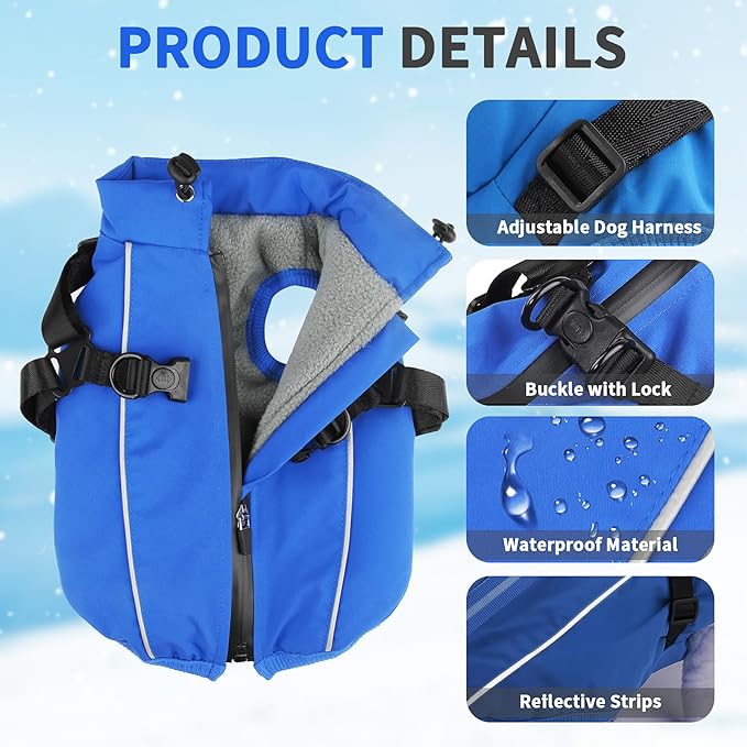 Dog Winter Coat Reflective Water-Resistant Jacket, Fleece Lined Windproof Puppy Coat with Back Zipper & D-Ring, Cold Weather Dog Coats for Small Medium Dogs (M,Blue)