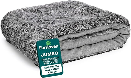 FurHaven Replacement Dog Bed Cover, Long Faux Fur for Calming Cuddlers, Machine Washable, Customizable Filling, Jumbo XL, Gray