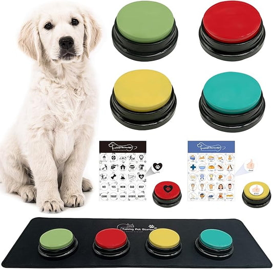4-Piece Dog Talking Button Set, Dog Button for Communication, 30-Second Recordable Voice Pet Buzzer Training Button, Dog Button with Waterproof Non-Slip Pad and 50 Dog Training Stickers