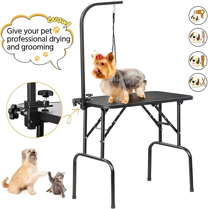 Yaheetech 32-inch Foldable Pet Dog Grooming Table with Adjustable Height Arm Drying Table for Home w/Noose for Small Dogs Cats Non-Slip Maximum Capacity Up to 220lbs Black