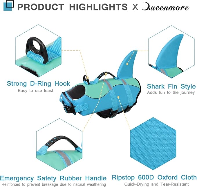 Queenmore Shark Dog Life Jacket, Dog Life Vests for Boating, High Buoyant Pet Life Vest for Swimming, Adjustable Easy On Cat Life Jackets for Small, Medium, Large Dogs (Pool Blue,XL)