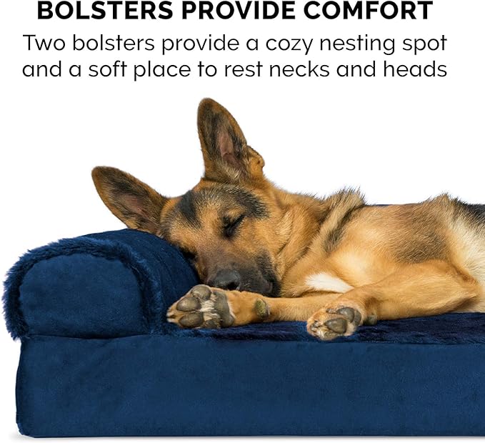 Furhaven Memory Foam Dog Bed for Large Dogs w/ Removable Bolsters & Washable Cover, For Dogs Up to 95 lbs - Plush & Velvet L Shaped Chaise - Deep Sapphire, Jumbo/XL