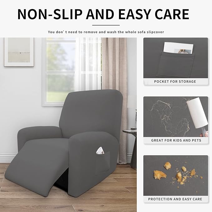 Easy-Going 4 Pieces 100% Dual Waterproof Recliner Cover Stretch Soft Couch Cover for Dogs, Sofa Slipcover for Recliner Couch Leakproof Furniture Protector for Kids, Pets Gray