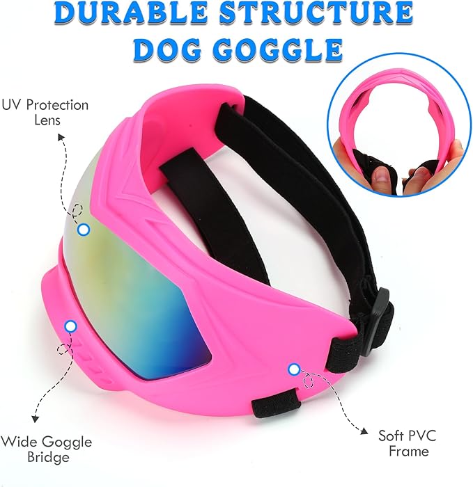 Large Dog Sunglasses Dog Goggles Pet Glasses Pet Eyewear with Adjustable Strap, Glasses for Medium Large Dog Swimming Skating Glasses Windproof Dustproof UV Proof (Pink-Colorful)