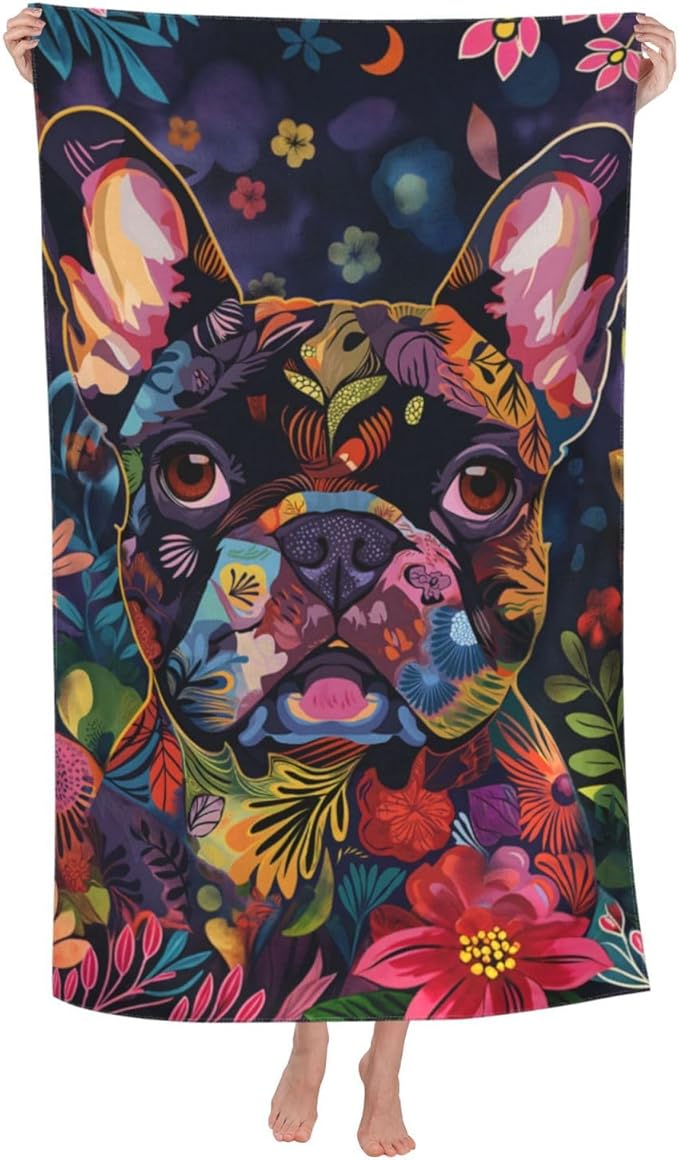 Colorful French Bulldog Beach Towel 31inx51in, Floral Dog Sand-Free Microfiber Bath Towel Ultra Soft Quick Dry Pool Towel Absorbent Towel Lightweight Towel for Swimming Bathroom Decor