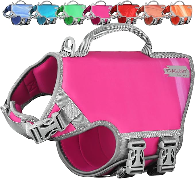 VIVAGLORY Neoprene Dog Life Vest, Dog Life Jacket for Swimming & Boating, Lightweight & Buoyancy for Puppy Doggy, Swimming Vest with Handle, M, Raspberry Pink