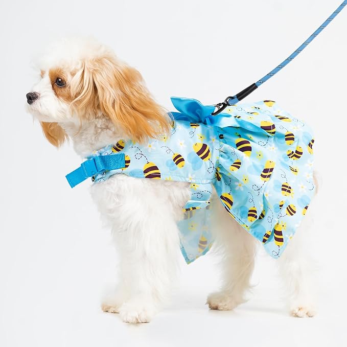 PUPTECK Cute Dog Dress with Bowknot and Leash Ring, Soft Breathable Dog Clothes Puppy Princess Girl Outfit, Pet Apparel Costume for Small Medium Sized Dogs, Blue Yellow Bee M