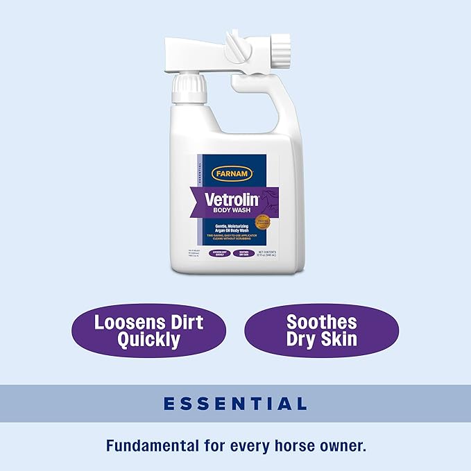 Farnam Vetrolin Body Wash, Time-Saving with No Scrubbing, Gentle and Moisturizing with Argan Oil, Soothes Dry Skin, for Horses and Dogs, 32 fl oz.
