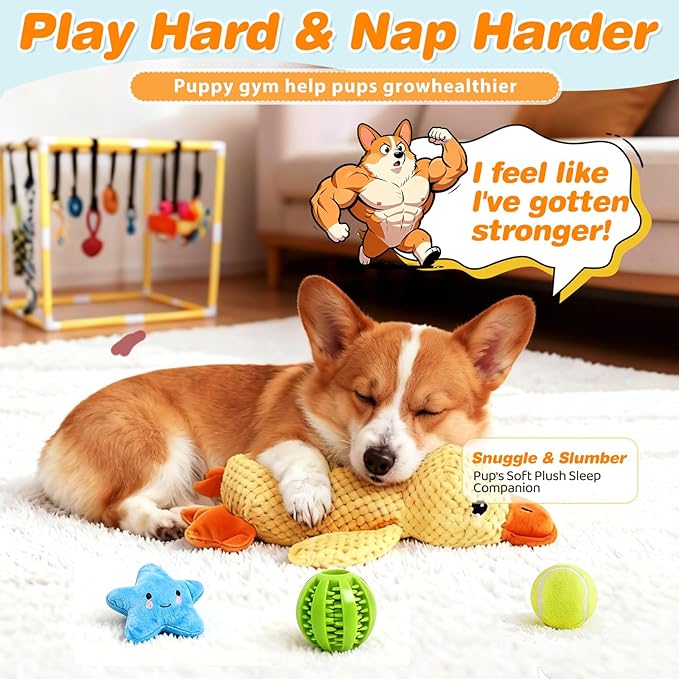 Puppy Play Gym with 17 Hanging Toys, Small Dogs Interactive Indoor Jungle Gym for Puppies, Dog Enrichment Activity Center, Adjustable PVC Frame with Straps, Teething & Squeaky Toys, Yellow