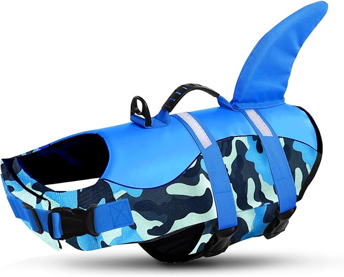 Queenmore Dog Life Jacket Ripstop Dog Shark Safety Vest Adjustable Preserver with High Buoyancy and Durable Rescue Handle for Small,Medium,Large Dogs, Blue Camouflage XX-Large