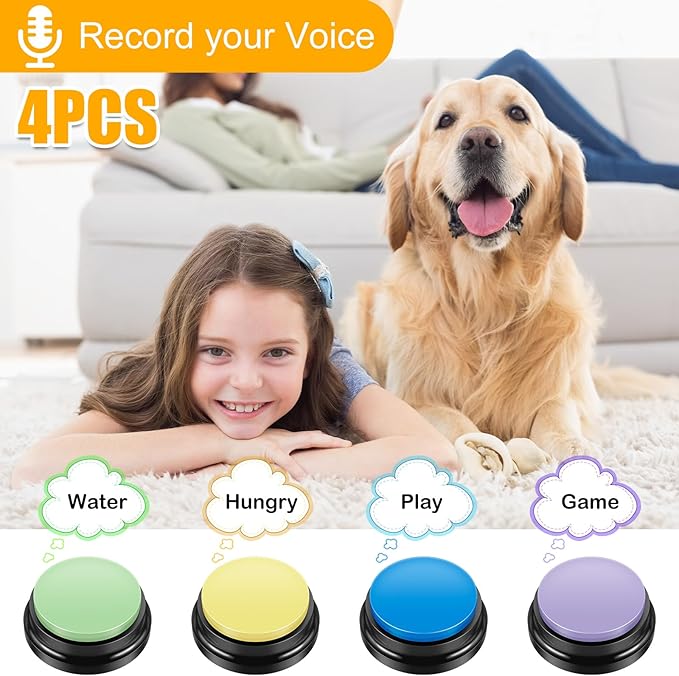 4Pcs Dog Buttons for Communication Voice, Recording Button Dogs for Words Talking and Answer, 30 Seconds Buttons Personalized Sound Answering Buzzer Best Toys fit Dog Tranning(4pcs-Yellow)