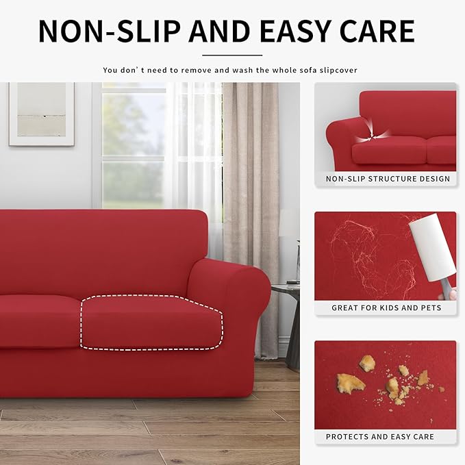 Easy-Going 100% Dual Waterproof 3 Pieces Oversized Loveseat Cover Stretch Soft Couch Cover for Dogs, Sofa Slipcover for 2 Separate Cushion Couch Leakproof Furniture Protector for Kids Christmas Red