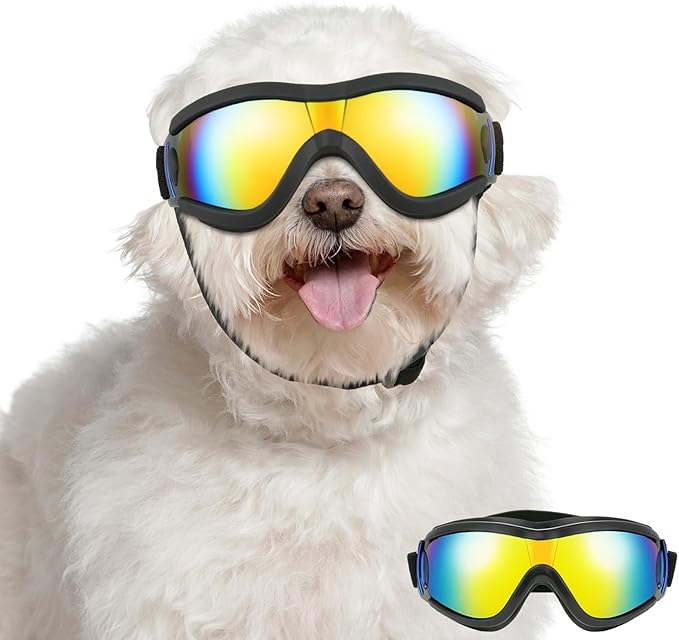 Lewondr Dog Goggles Small to Medium Breed, Dog Sunglasses with Adjustable Straps & Air Vents, UV/Wind/Dust/Fog/Snow Proof Dog Eye Protection Sunglasses for Outdoor Driving Riding, Black