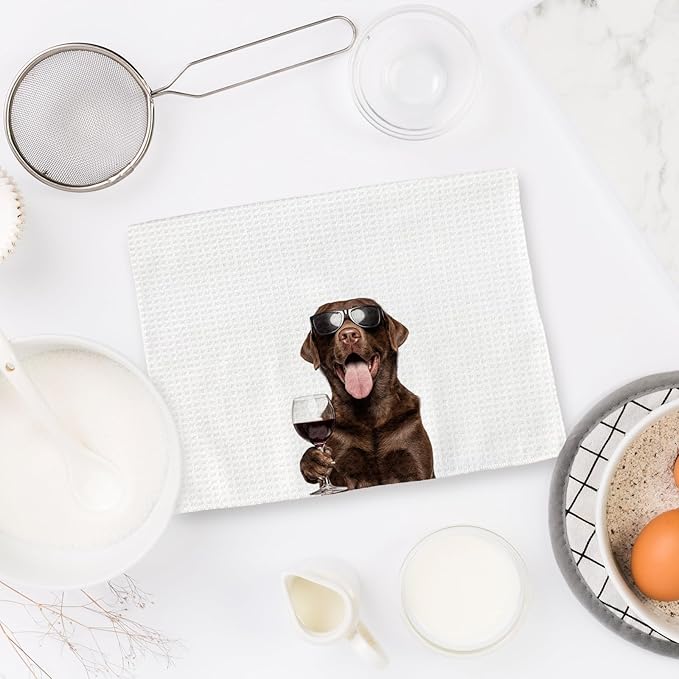 Chocolate Lab Gifts Wine Kitchen Towels Set of 2, Funny Chocolate Labrador Retriever Wine Lover Decorative Hand Dish Towel for Kitchen Home Bar, Gifts for Beer Lovers Home Bar Decor(16x24Inch)