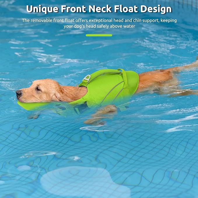 Queenmore Dog Life Jackets for Large Dogs, Reflective Dog Swimming Vest with Enhanced Buoyancy, High Visibility Life Preserver with Front Neck Float, Ripstop Pet Lifesaver (Green,2XL)