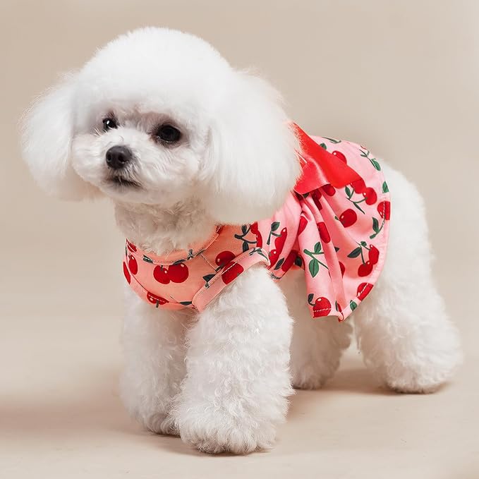 PUPTECK Print Dog Dress Pet Apparel with Cute Bowtie Puppy Clothes Outfit, Cherry, XS