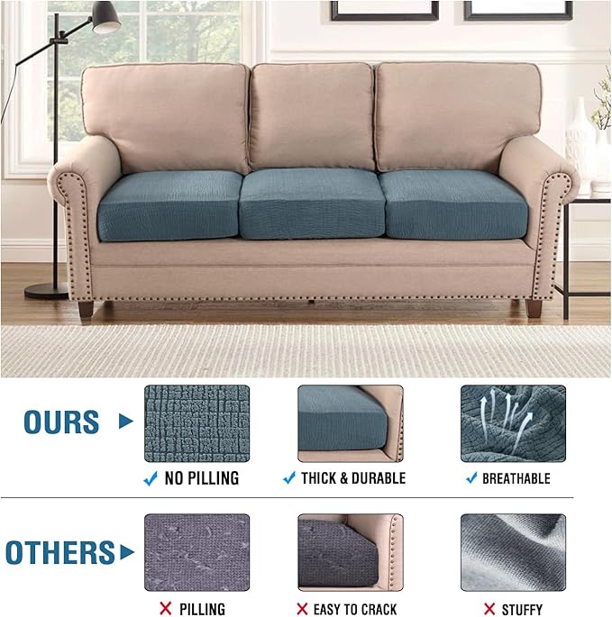 H.VERSAILTEX Jacquard Cushion Covers for Couches and Sofas High Stretch Sofa Cushion Covers Spandex Furniture Protector Anti-Slip Soft Thickened Slipcovers Crizzle Pattern(3 Seat Covers, Stone Blue)