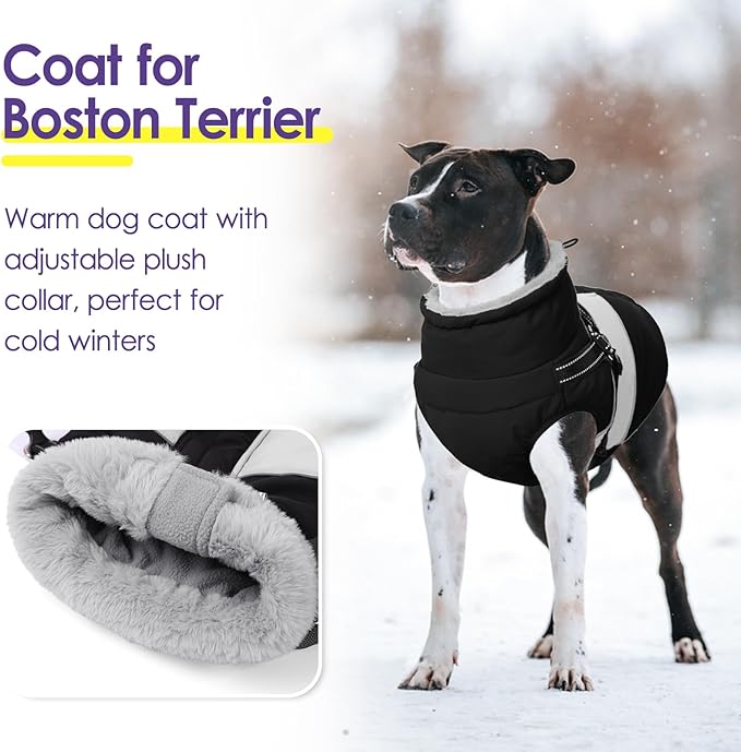 SUNFURA Small Dog Coat with Harness Built in, Warm Dog Jacket Winter with Zipper On Back, Waterproof Pet Snow Jacket Snowsuit Pet Sweater Clothes for Puppy, Black XS