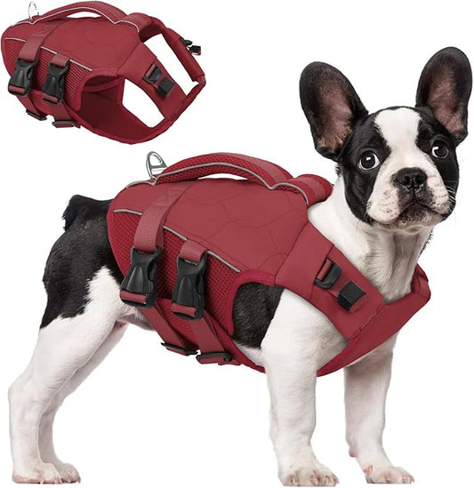 ASENKU Dog Life Jacket, High Floatation Dog Swimming Vest with Rescue Handles for Small Medium Large Dogs, Pet Safety Swimsuit Preserver for Pool Beach Boating (WineRed, M)