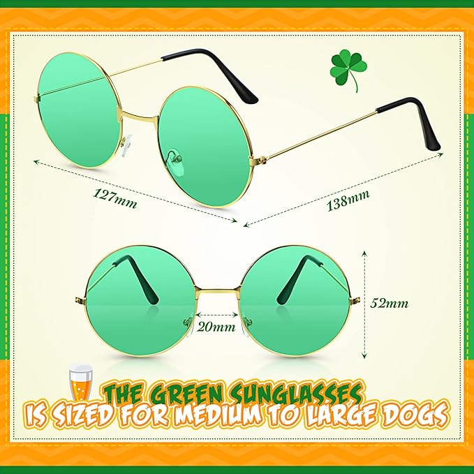 Yaomiao 3 Pcs St Patrick's Day Dog Costume, St. Patty's Day Doggie Outfit Hat Headband Green Round Pet Sunglasses and Green Shamrock Bow Tie Set for Medium Large Dogs