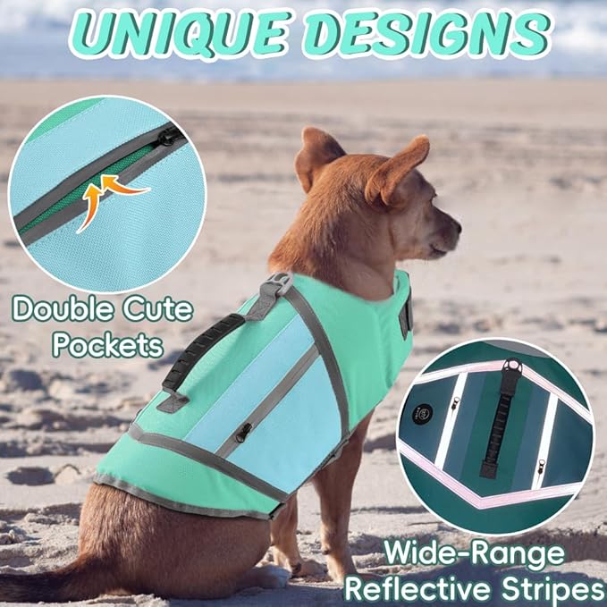 EMUST Dog Life Vests for Boating, Water-Resistant Dog Swimming Vest with Rescue Handle, Comfortable Fit Pet Life Jacket Medium with D-Ring for Rafting, Surfing, Canoeing, Turquoise, M