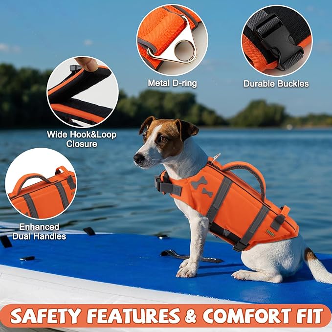 EMUST Dog Life Vests, Adjustable Dog Life Jacket with Rescue Handle, Puppy Flotation Vest for Small/Medium/Large Dogs, XS, NewOrange