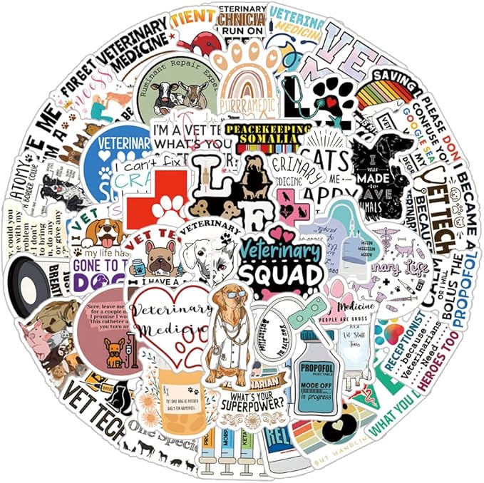 61Pcs Veterinary Stickers Pack |，Treatment Animals Medical Health Vet Tech Sticker for Water Bottle Skateboard Luggage Laptop Computer Phone Wall Surfboard