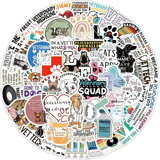 61Pcs Veterinary Stickers Pack |，Treatment Animals Medical Health Vet Tech Sticker for Water Bottle Skateboard Luggage Laptop Computer Phone Wall Surfboard