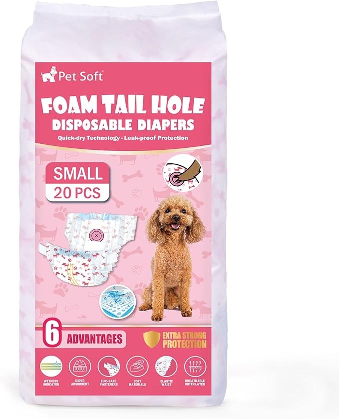 Pet Soft Disposable Dog Diapers - Female Dog Diapers with Adjustable Foam Tail Hole, Ultra Protection Puppy & Cat Diapers Wetness Indicator for Dogs in Heat or Incontinence, 20pcs (S,Red)