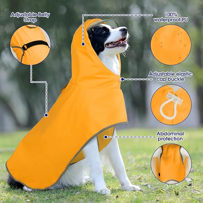 FUAMEY Large Dog Raincoat | Belly Guard, Harness Hole, Fits Morning Hikes, Waterproof, Reflective Straps, Beagle