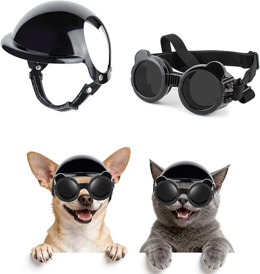 Extra Small Dog Helmet with Cute Dog Goggles, Protects Eyes & Head from Impact, Ideal for Puppy Riding/Outdoor Activities/Halloween Cosplay, Black