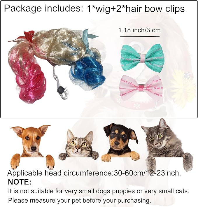 Funny Dog Wig Pet Costumes, Cat Costume Synthetic Hairpiece Cosplay Wigs, Headwear for Halloween Christmas Festivals Party Decor, Fancy Dress,Adjustbale Size,20CM Half Pink Half Blue