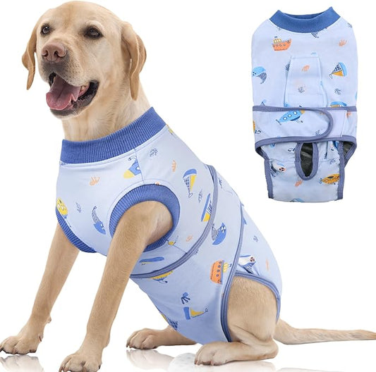 FUAMEY Recovery Suit for Dogs After Surgery,Soft Breathable Dog Bodysuit E-Collar & Cone Alternative Surgical Suit,Male Female Dog Neuter Spay Suits Anti Licking Wounds Onesie Blue Boat XL