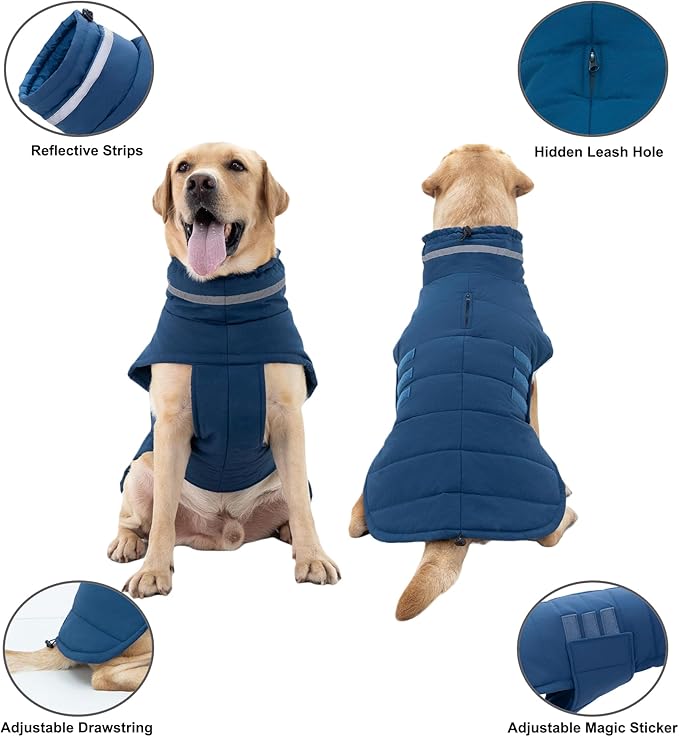 Mklhgty Waterproof Dog Coat for Small Dogs, Warm Dog Winter Jacket, Reflective Windproof Turtleneck Dog Cold Weather Coats with Adjustable Hook & Loop - Blue - S