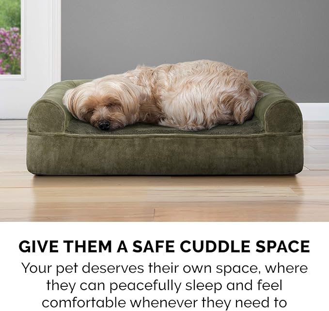 Furhaven Memory Foam Dog Bed for Large Dogs w/ Removable Bolsters & Washable Cover, For Dogs Up to 125 lbs - Faux Fur & Velvet Sofa - Dark Sage, Jumbo Plus/XXL