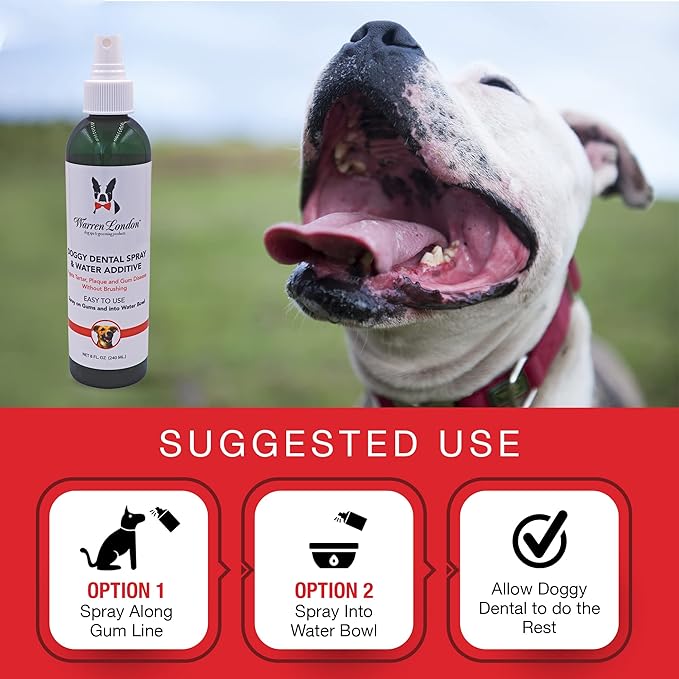 Warren London Doggy Dental Spray & Water Additive | Fresh Breath for Dogs & Cats | Natural Peppermint & Honey Formula for Teeth & Gums | Easy Dog Mouth Spray or Water Bowl Add-in | Made in USA – 8 oz