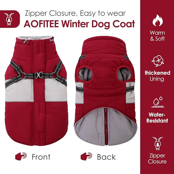 AOFITEE Dog Coats for Small Dogs, Dog Christmas Sweater, Dog Winter Coat with Harness Built in, Warm Dogs Jacket with Zipper, Waterproof Pet Jacket Snowsuit for Schnauzer, Chihuahua Yorkshire, S