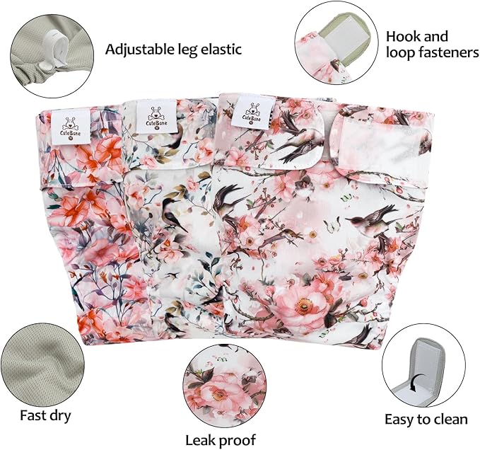 CuteBone Washable Dog Diapers Female No Tail Hole 3 Pack Reusable Doggie Period Training Pants for Docked-Tail Frenchie French Bulldog Boston Terrier Without Tail WWD30S